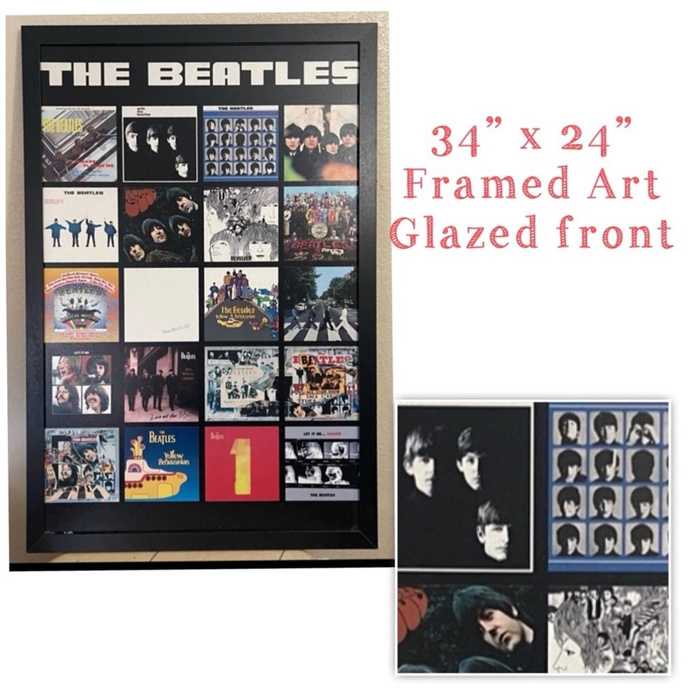 The Beatles Album‎ Cover Collage Framed Art 34x24 Glazed Wall Decor Black Frame